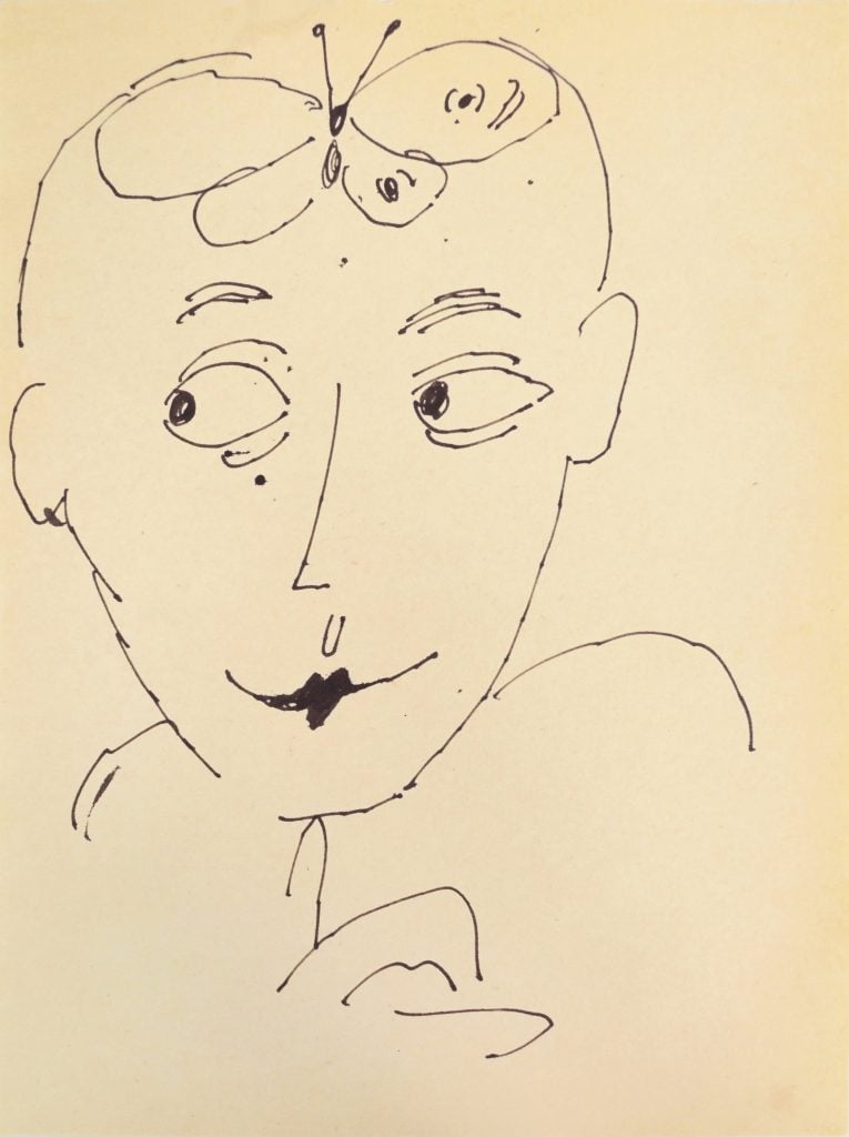 The top pick of Johannes Vogt from the Andy Warhol sale, a drawing on yellowed paper of a lady with a butterfly on their head.