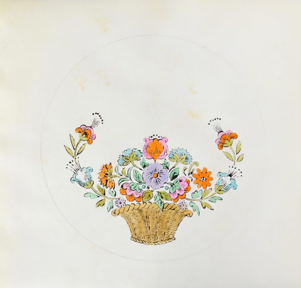 A color drawing on off white paper of a basket with symmetrical flower arrangement.