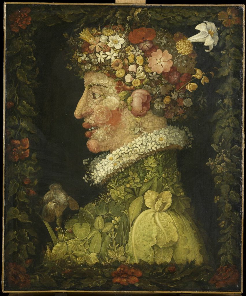 A portrait by Giuseppe Arcimboldo showing a woman, her face composed with flowers and berries. The portrait is ringed by a floral garland.