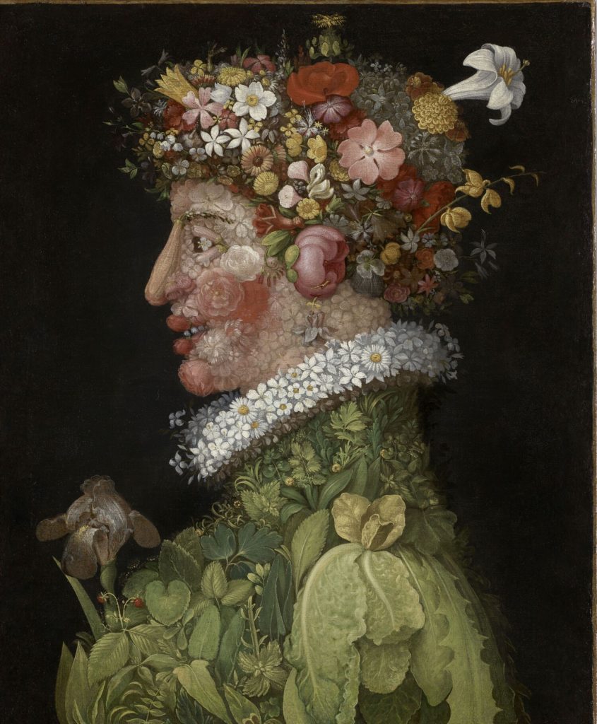 A portrait by Giuseppe Arcimboldo showing a woman, her face composed with flowers and berries
