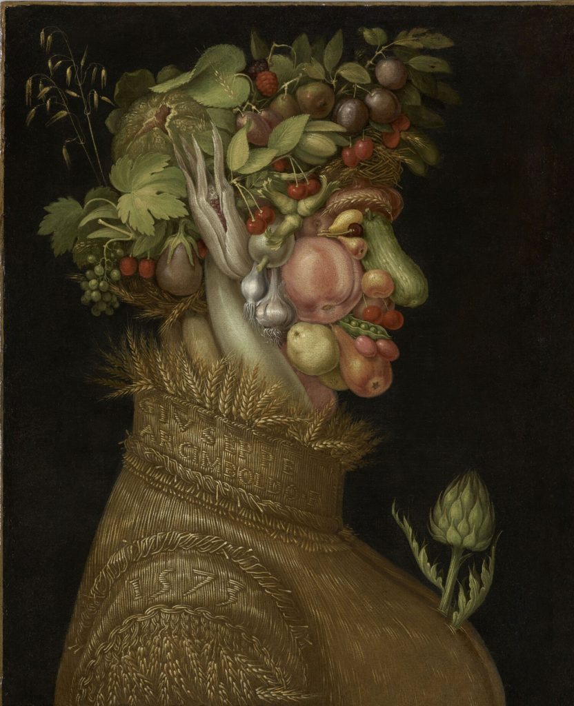 A portrait by Giuseppe Arcimboldo showing a woman, her face composed with berries, fruit, and flowers