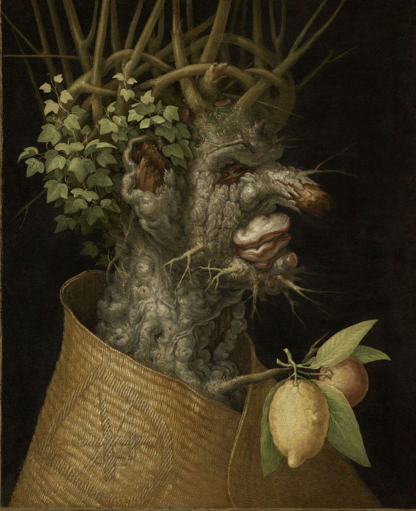 A portrait showing a man, his face a tree bark with a stem of lemons growing out of his chest
