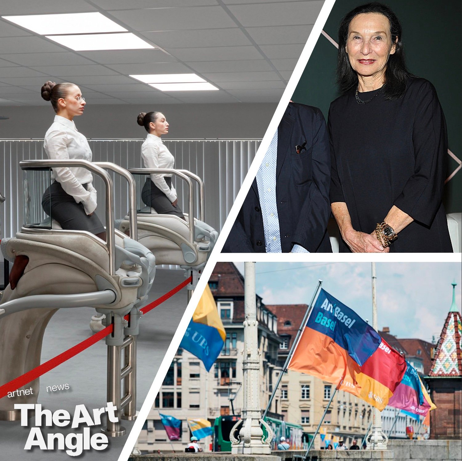 a composite image of performance art, flags, and a white woman