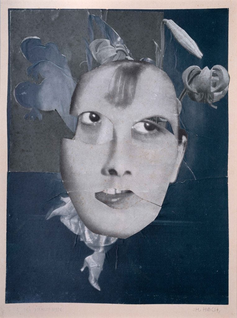 a photomontage colllage of a woman's face with little heeled feet sticking out underneath and plants sticking out of her hair