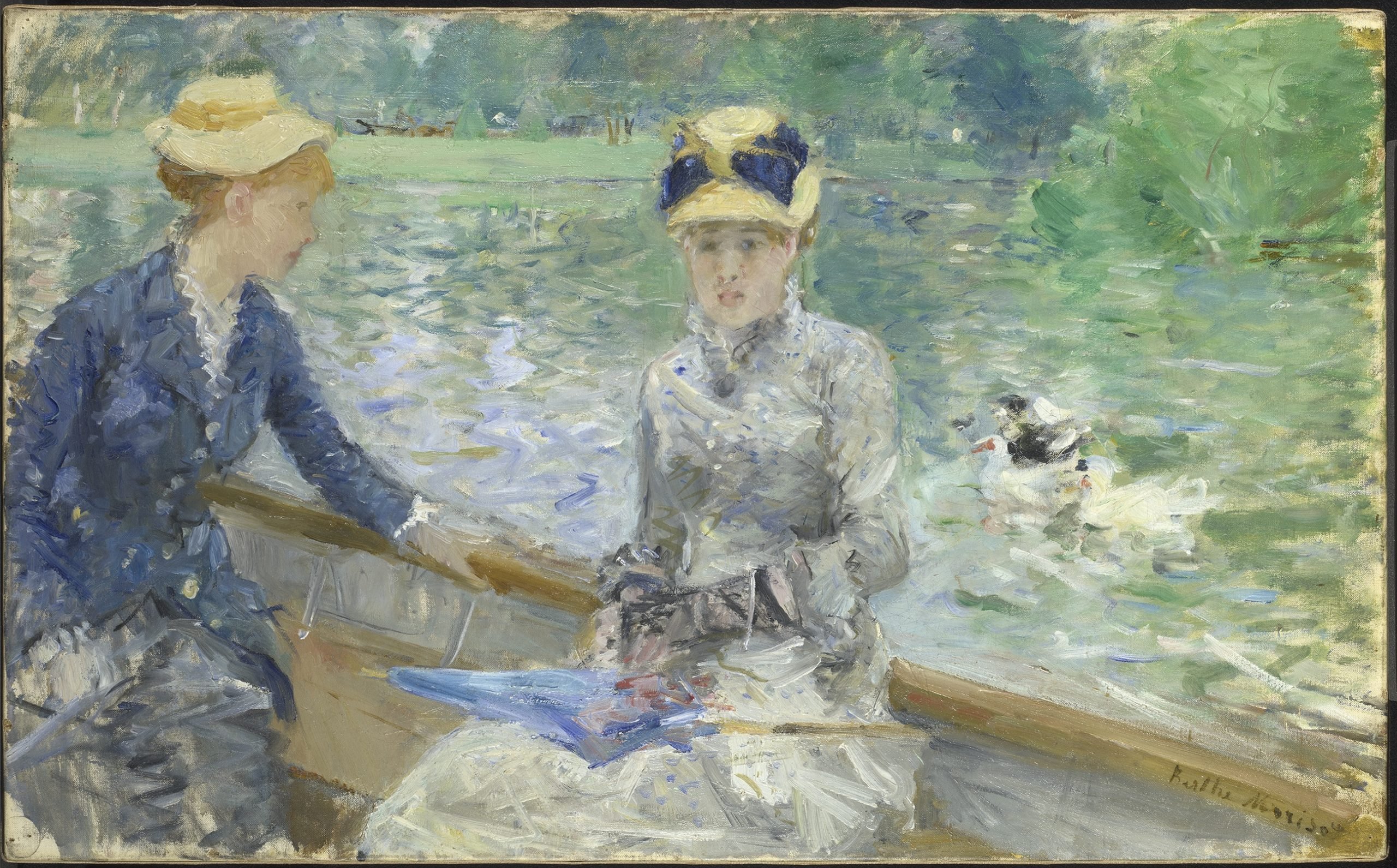 A painting of two well-dressed women in a small boat on a pond.