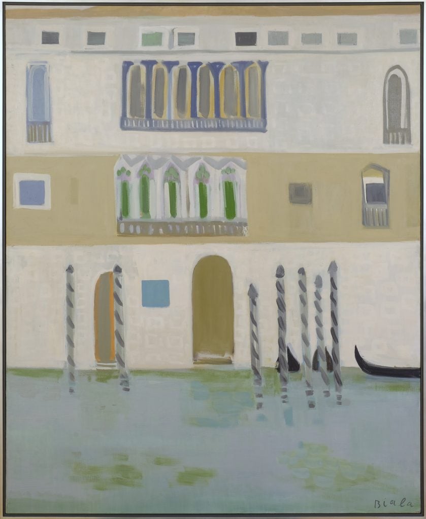 a semi abstract painting of a venetian canal and palazzo.