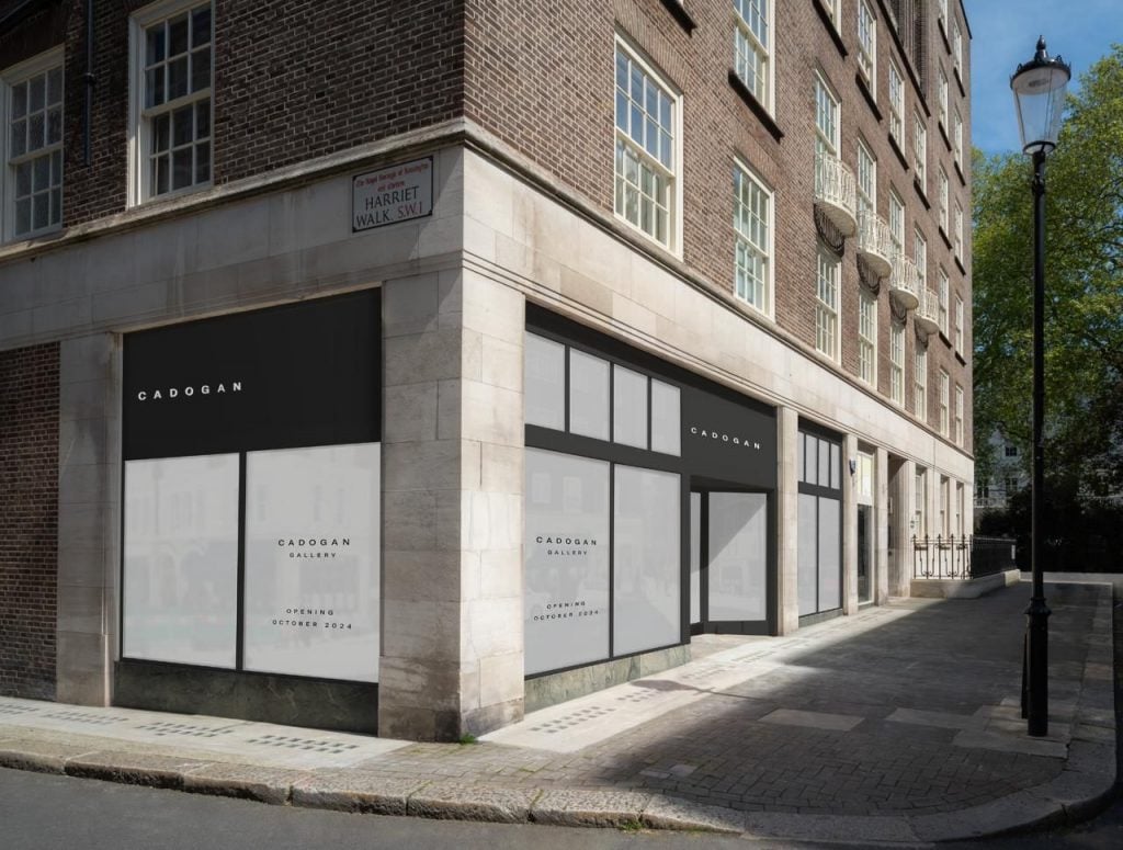 Rendering of new flagship location for Cadogan Gallery in Belgravia, London, designed by Jake Lai. A street corner with a building with the windows showing "Cadogan Gallery" signage.