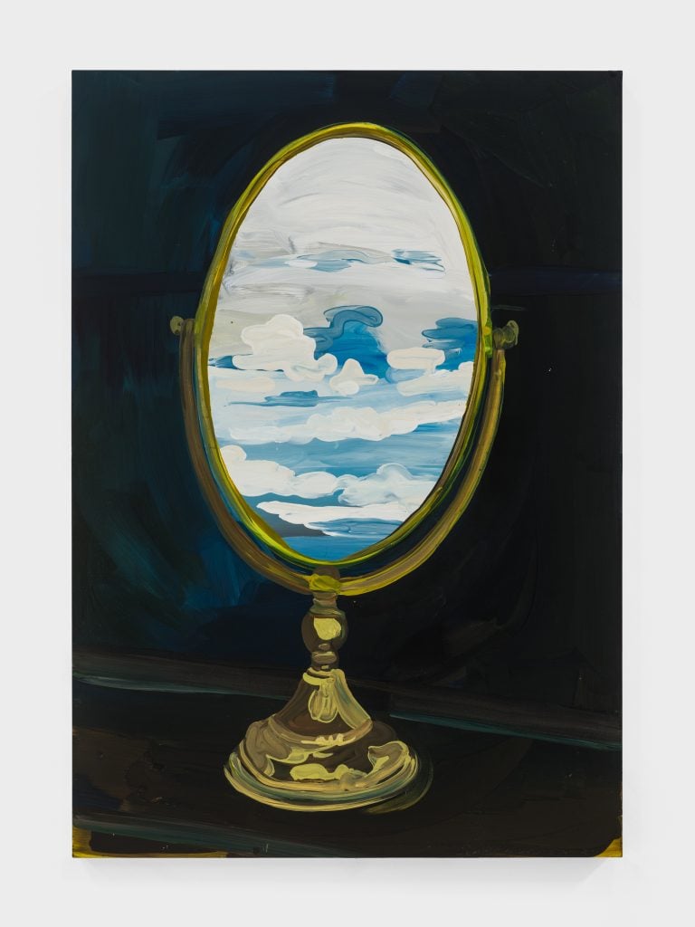 painting of an oval mirror reflecting an abstract rendering of a blue sky with clouds