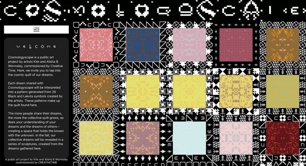 A website screenshot showing a title Cosmologyscape, and a group of pixelated quilts.