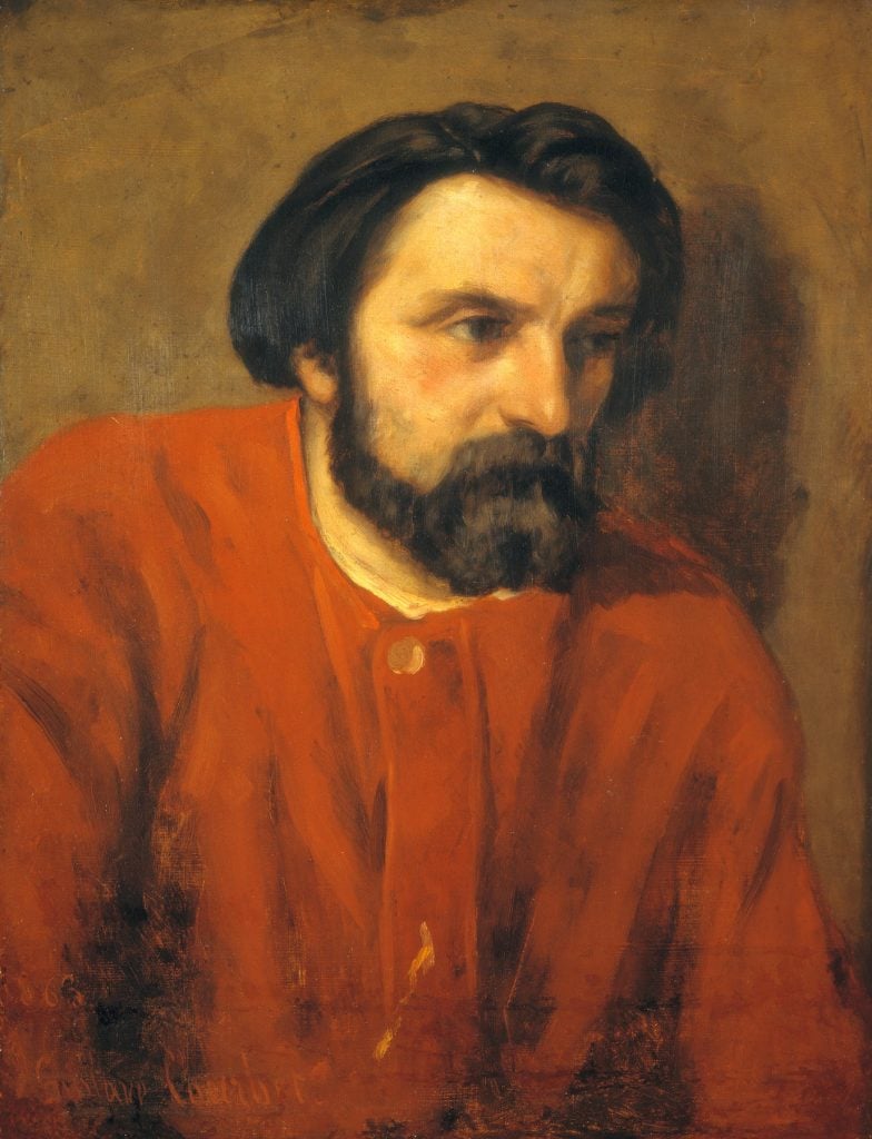 An old painting of a man with a beard wearing a red shirt looking sad.