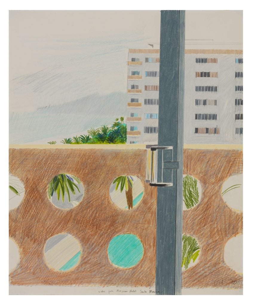 A drawing shows the view out from a hotel balcony toward a swimming pool