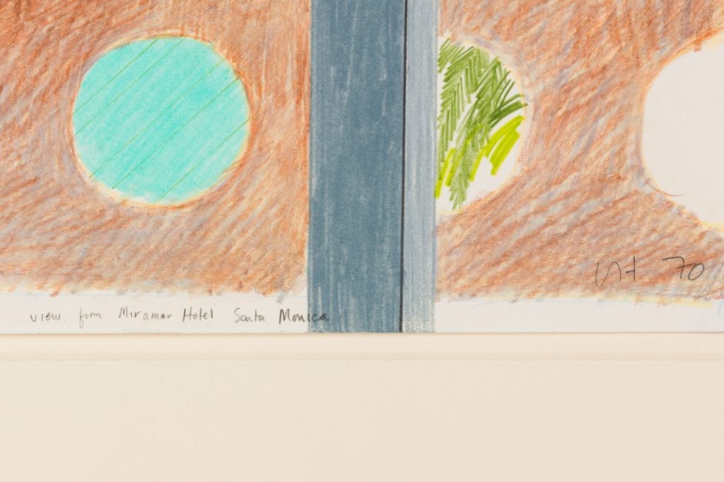 A detail of a David Hockney drawing, showing where the artist wrote out the title