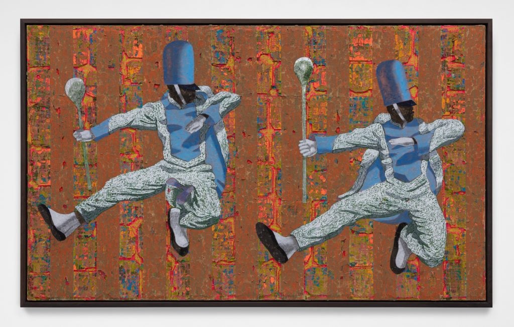 An artwork showing two men in marching band uniforms, who have leapt into the air