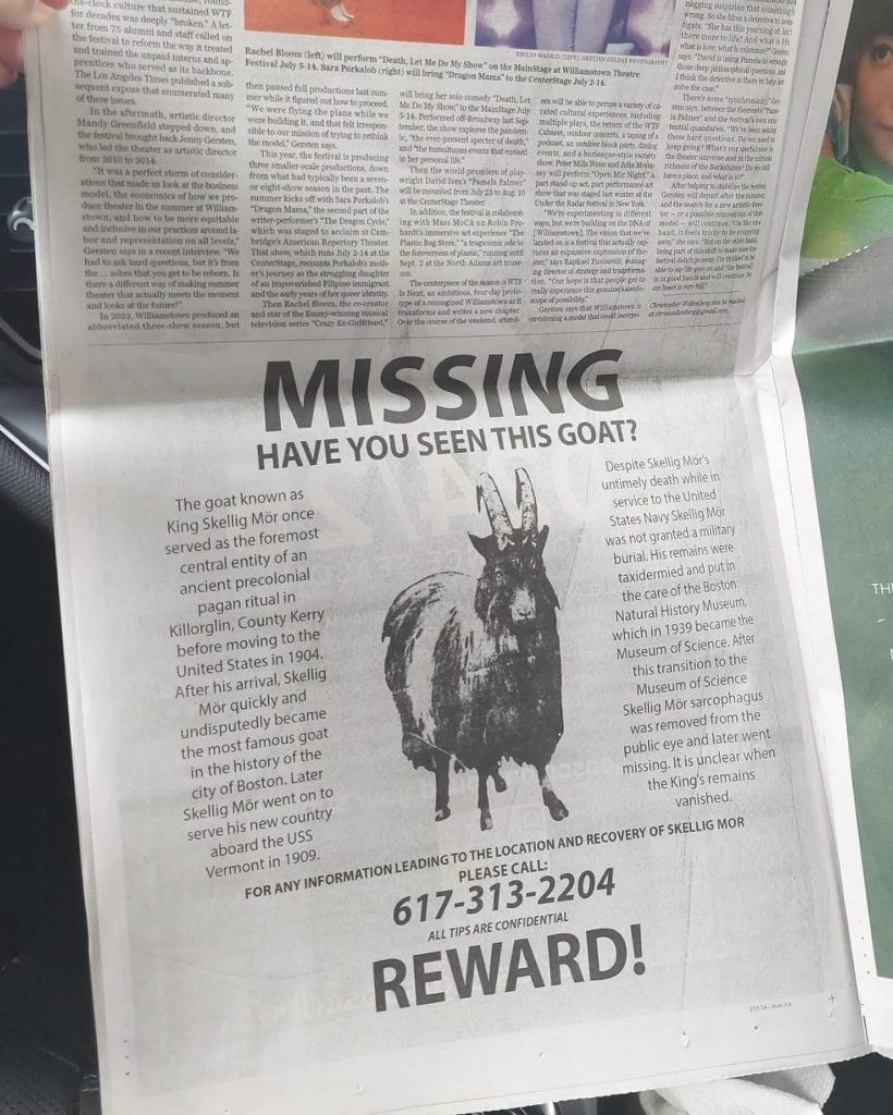 A newspaper ad with the title "MISSING" with a picture of a lost goat.