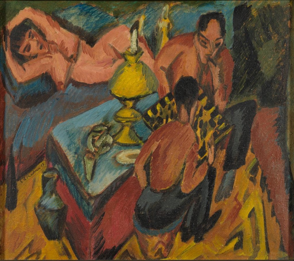 A painting of two artists playing chess, with a nude woman lying on a couch