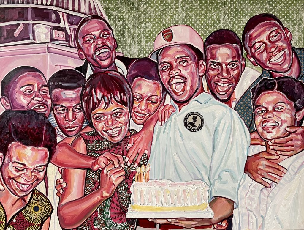 a painting of a group of people smiling around a birthday cake