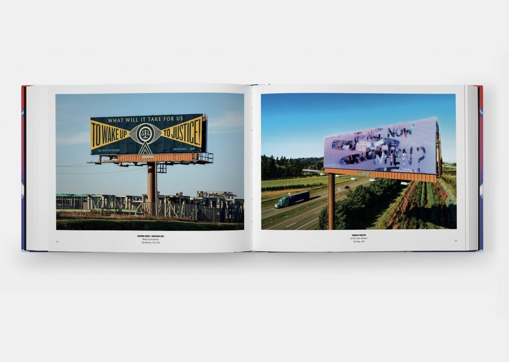 A book open to a page with two large photographs of billboards