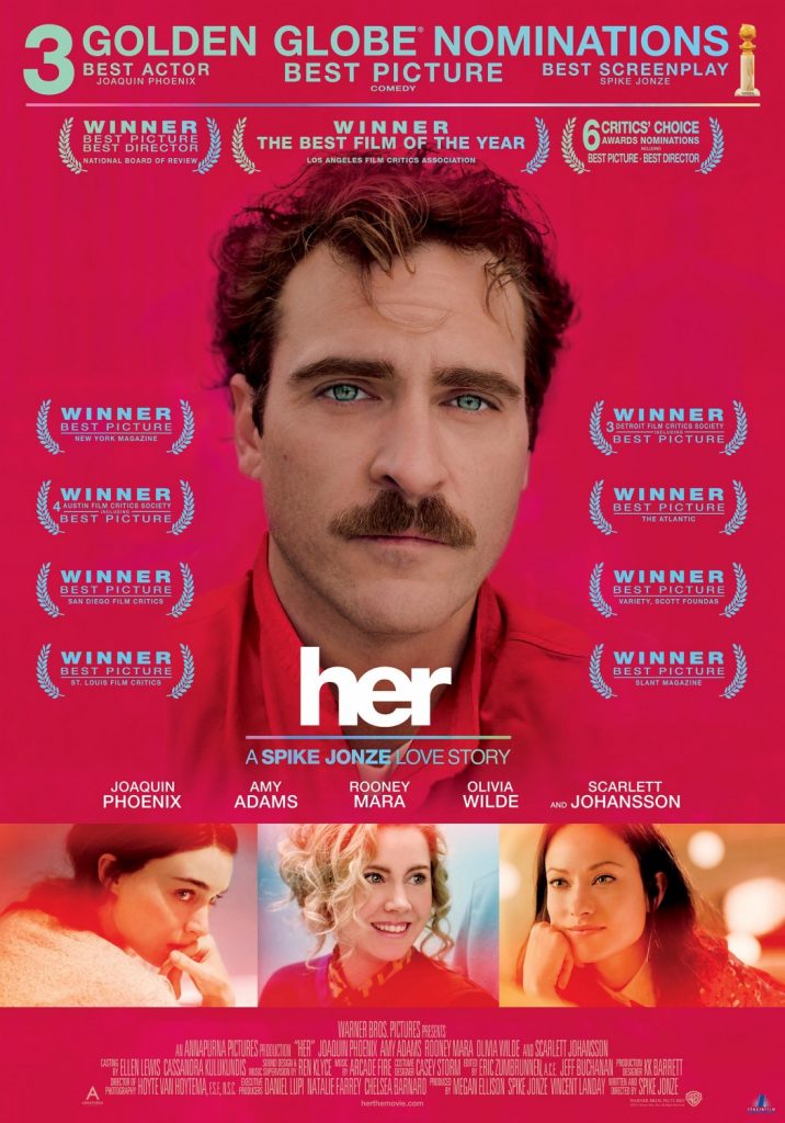 A poster featuring a man with a mustache on a pink background with the title 'Her'