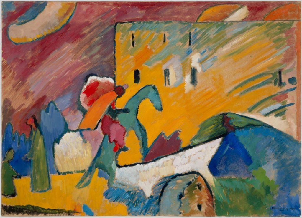 Improvisation 3 by Wassily Kandinsky, a Impressionistic canvas showing a person riding on a horse into a brightly colored town