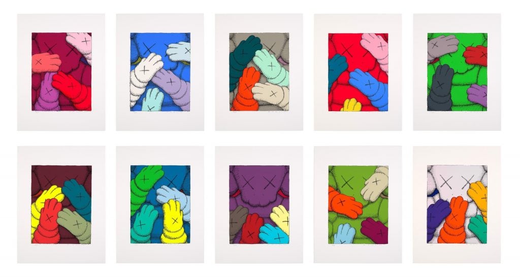 Ten prints of KAWS Chum figure with four Chum hands and arms all in various colors reaching from outside the frame over it.