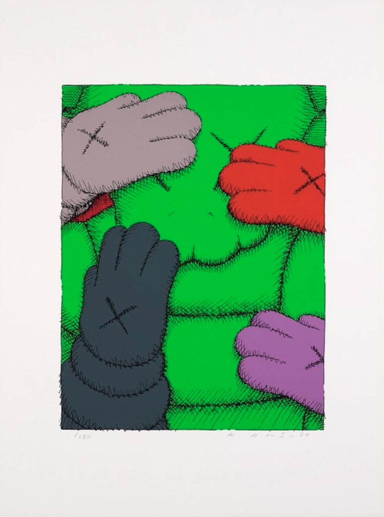 KAWS Chum figure in lime green with four Chum hands and arms in various colors reaching from outside the frame over it.