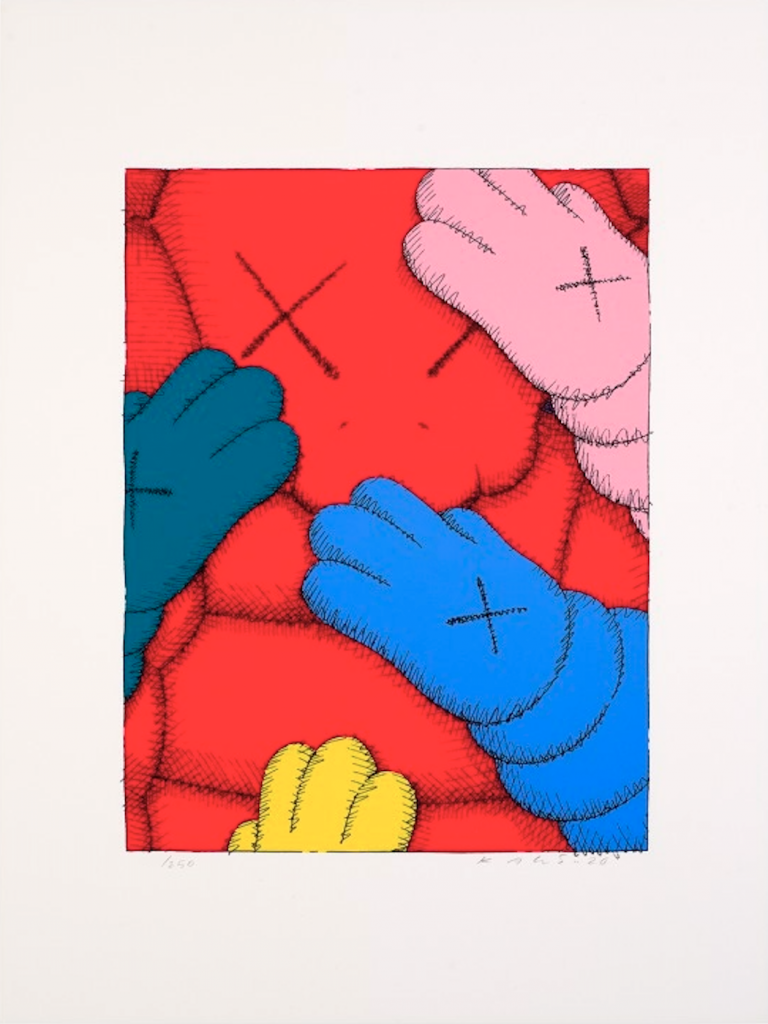 KAWS Chum figure in red with four Chum hands and arms in various colors reaching from outside the frame over it.