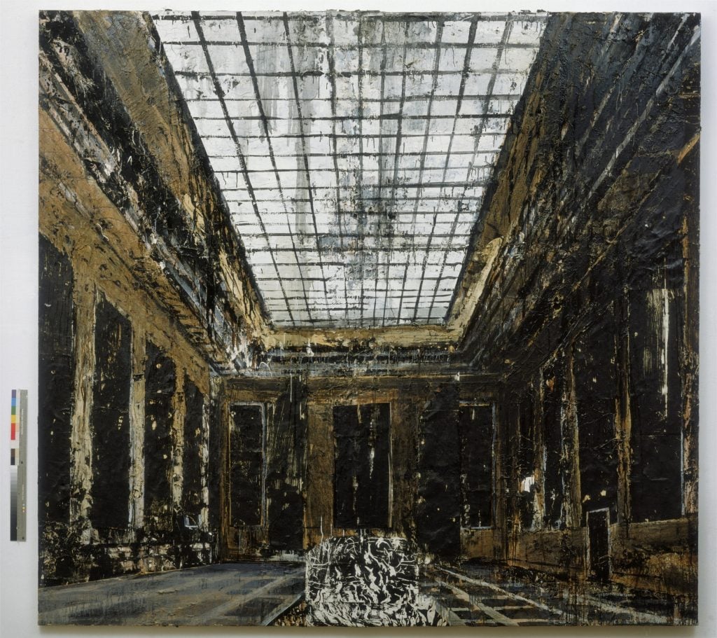 Anselm Kiefer's painting Innenraum showing a desolated hall with a glass ceiling