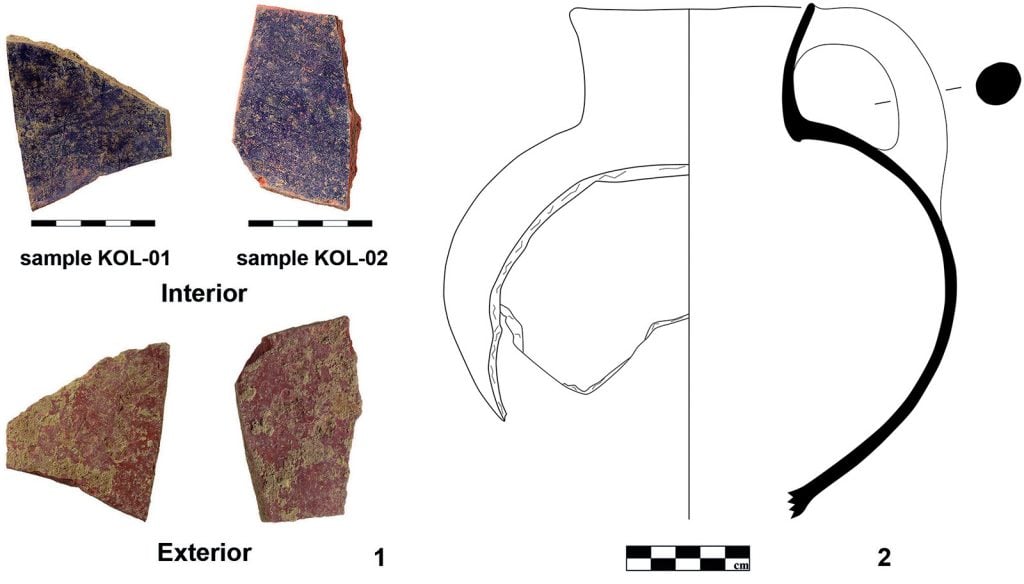 Four pottery fragments stained with purple alongside a drawing of a jug