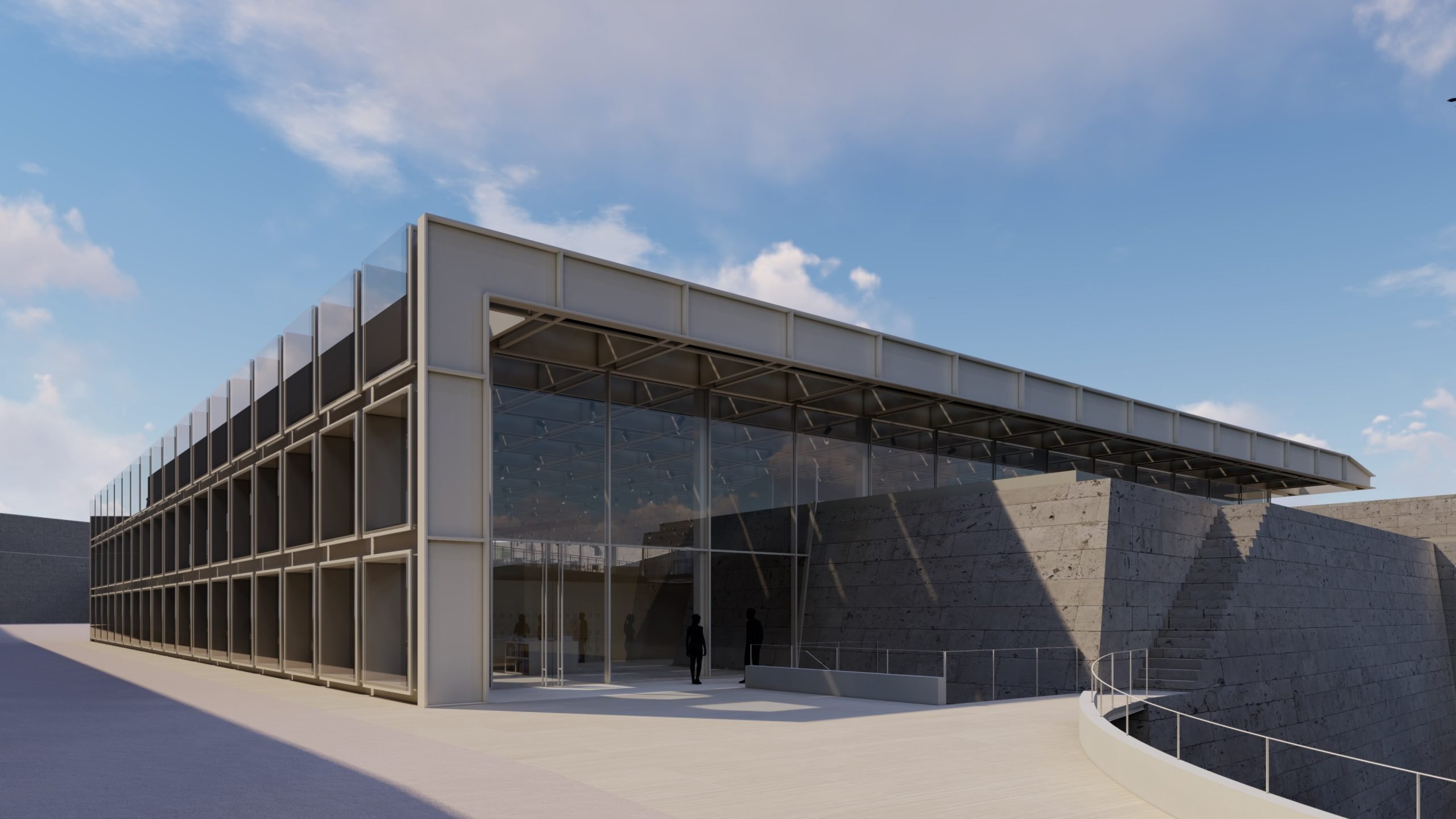 Exterior view rendering of new MICAS building entrance, built of steel and glass and concrete under a blue sky with clouds and a stairwell to the far right.