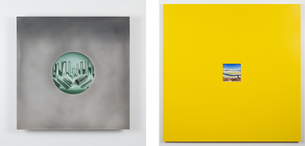 side by side image of a grey square with circular cutout and a yellow square with small square painting in the center