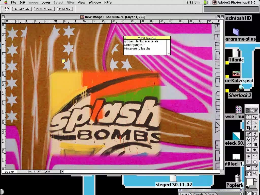 A screenshot of an old laptop screen shows a Photoshop window with a painting being edited