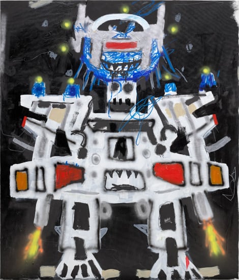 A childlike painting of a robot action figure