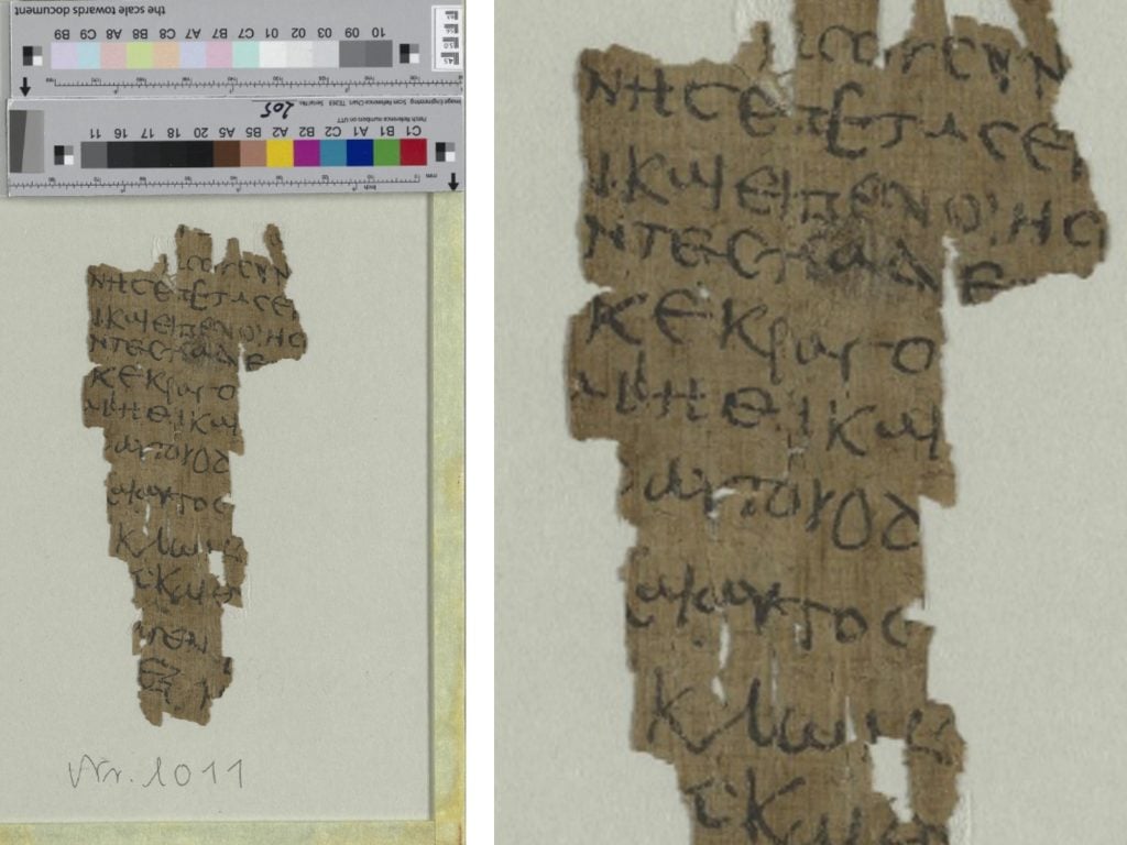 Two views of an ancient fragment of papyrus featuring Greek text on Jesus's childhood