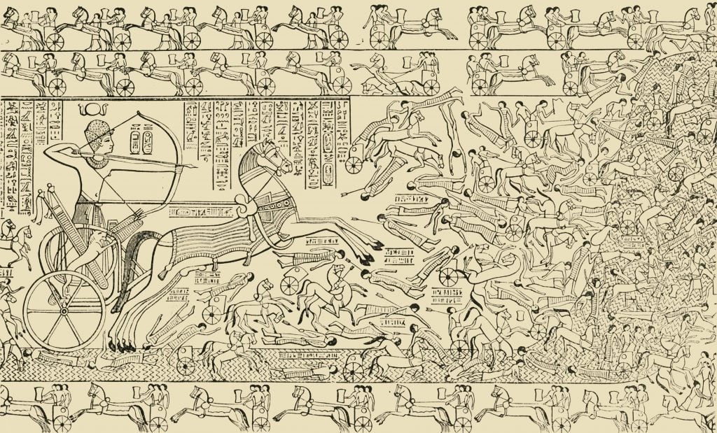 An illustration of a battle scene relief showing Egyptian pharaoh Ramses II charging a fallen army