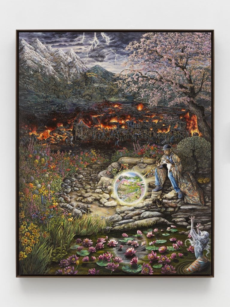 photograph of a painting by raqib shaw of an idylic surreal landscape