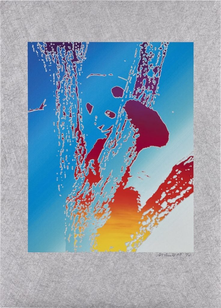 Abstract printed artwork made by artist Rob Pruitt featuring a gradient blue background with spatters of red that fade to yellow.