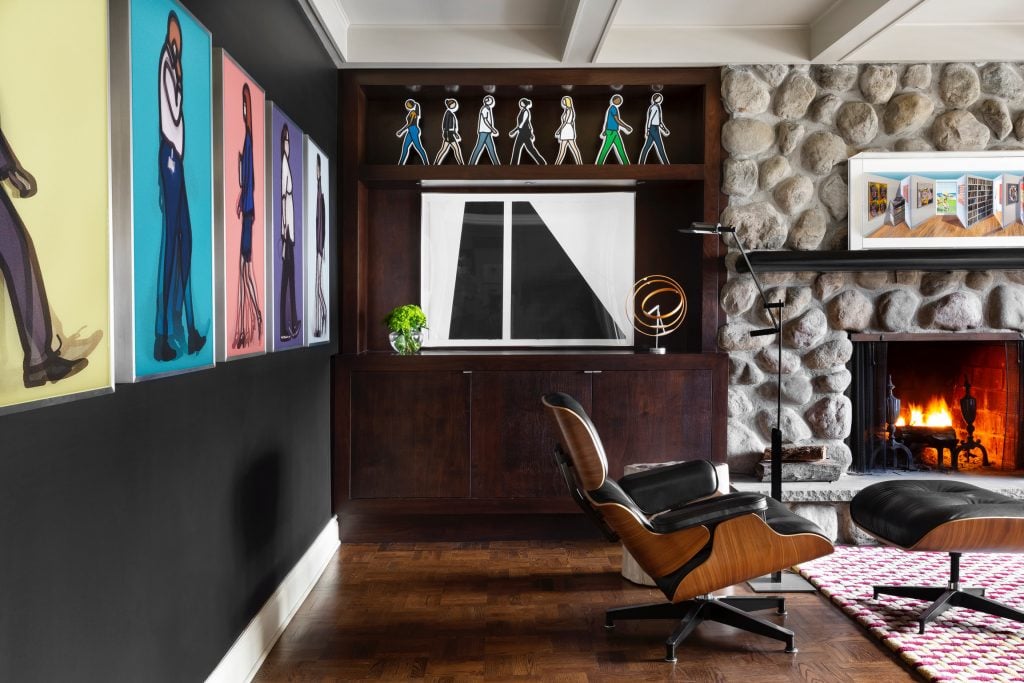 View of Robin Rosenberg's collection, featuring work by Julian Opie, Yves Gaucher, Patrick Hughes, and Pedro de Movellan. Courtesy of Robin Rosenberg Fine Art.