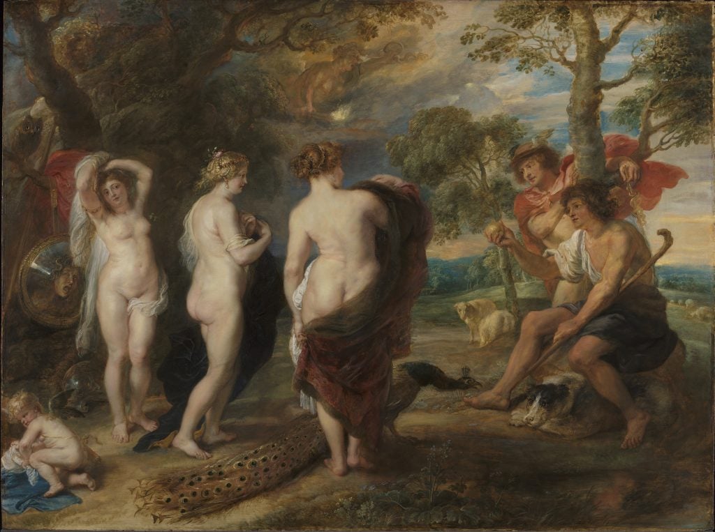 Peter Paul Rubens's "The Judgement of Paris": Paris, a shepherd, chooses between three goddesses, Athena, Hera, and Aphrodite, in a lush landscape.