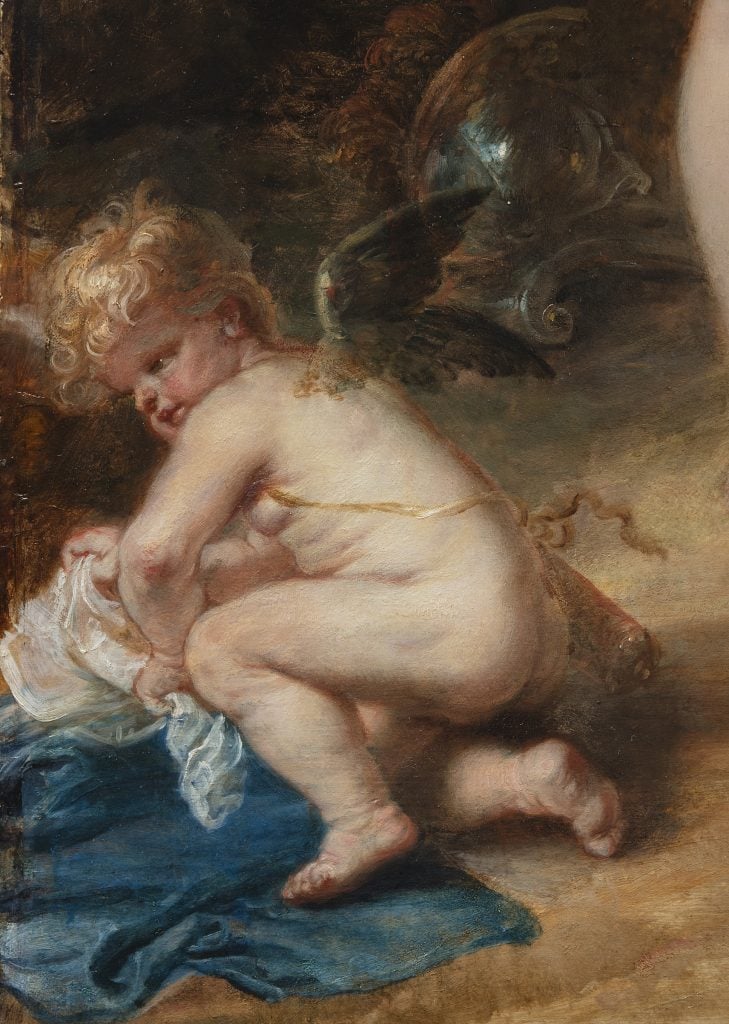 Detail of Peter Paul Rubens's The Judgement of Paris showing a crouching cherub