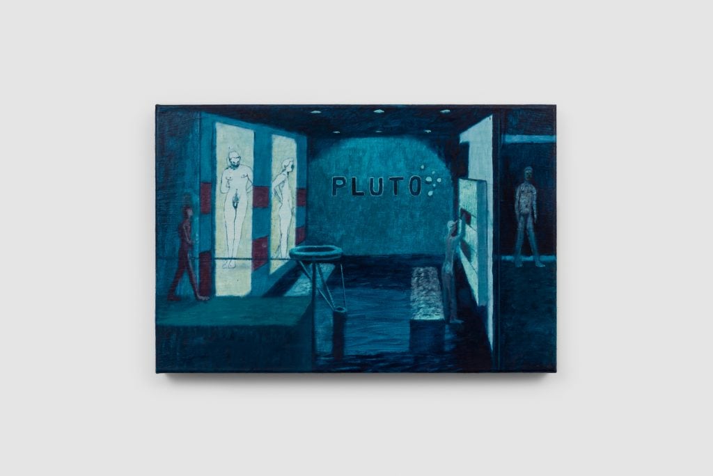 painting by ryan huggins with hues of dark blues depicting gay sauna atmosphere