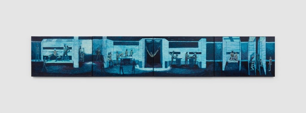 painting by ryan huggins on 4 panels with hues of dark blues depicting gay sauna atmosphere
