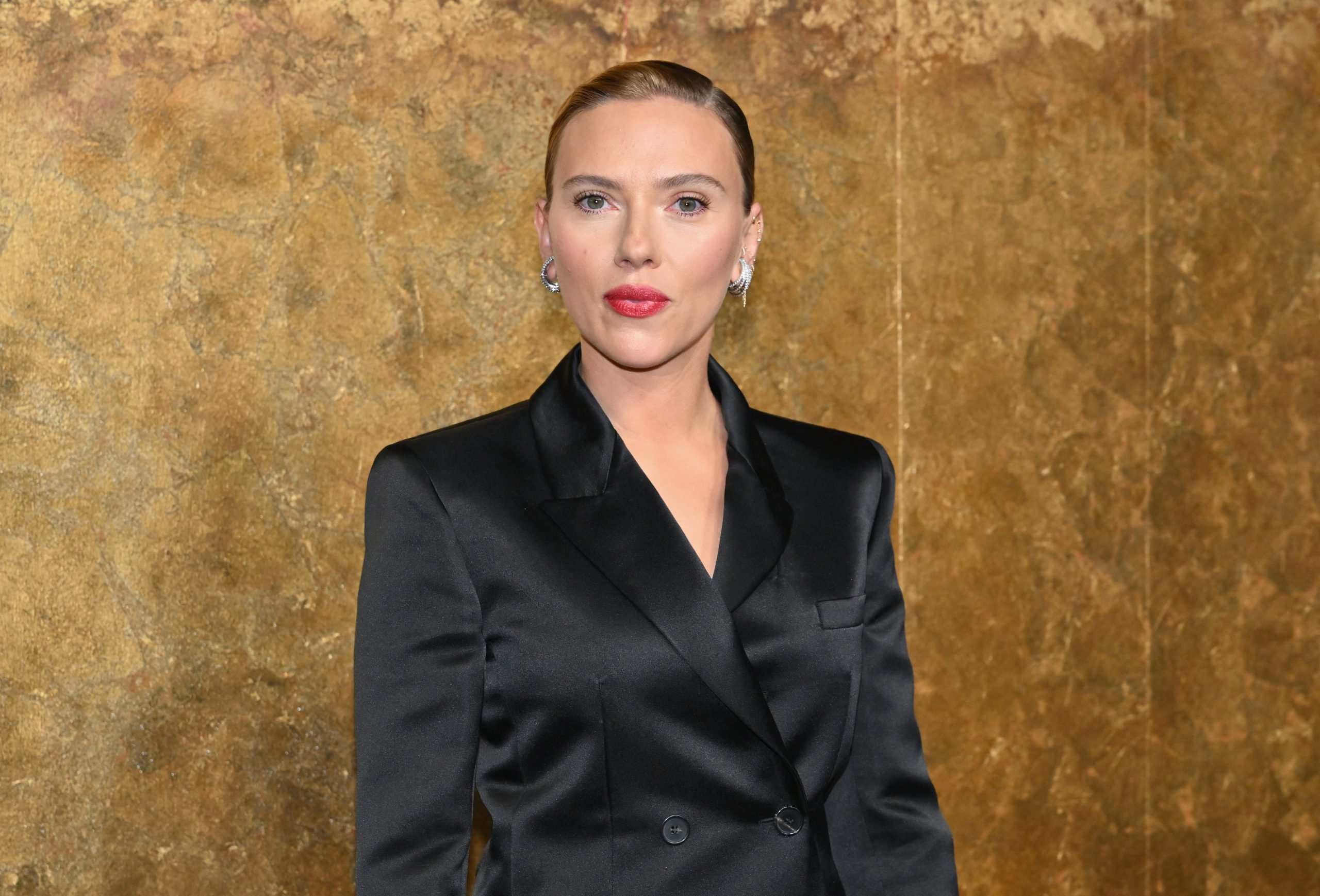 portrait of scarlet johansson wearing a black silk blazer