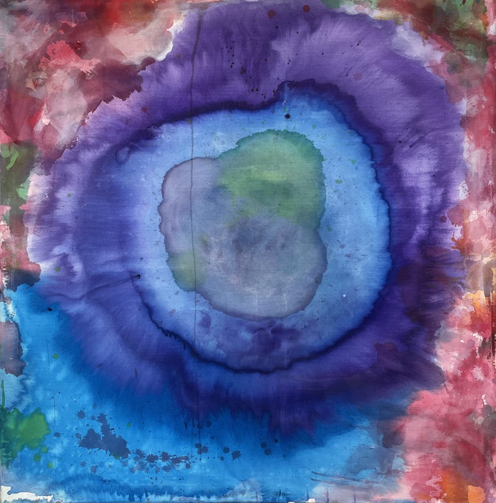 A watercolor transcendental painting similar aesthetic to tie dye with purples, maroons, and blues.