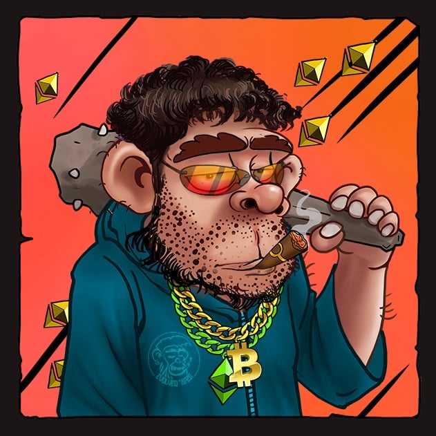 The image features a cartoonish character with exaggerated features, including curly hair, large glasses with a yellow tint, and a prominent, hooked nose. The character is smoking a cigar and wears a thick gold chain with a Bitcoin symbol. The background is vibrant orange with diamond shapes, suggesting a flashy or opulent theme.