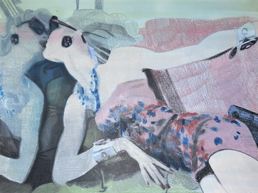 Figurative painting to be shown by Theta at Liste art fair of a glamorously dressed woman leaning across the frame to kiss herself in a mrirror. Dusky pastel watercolor palette.