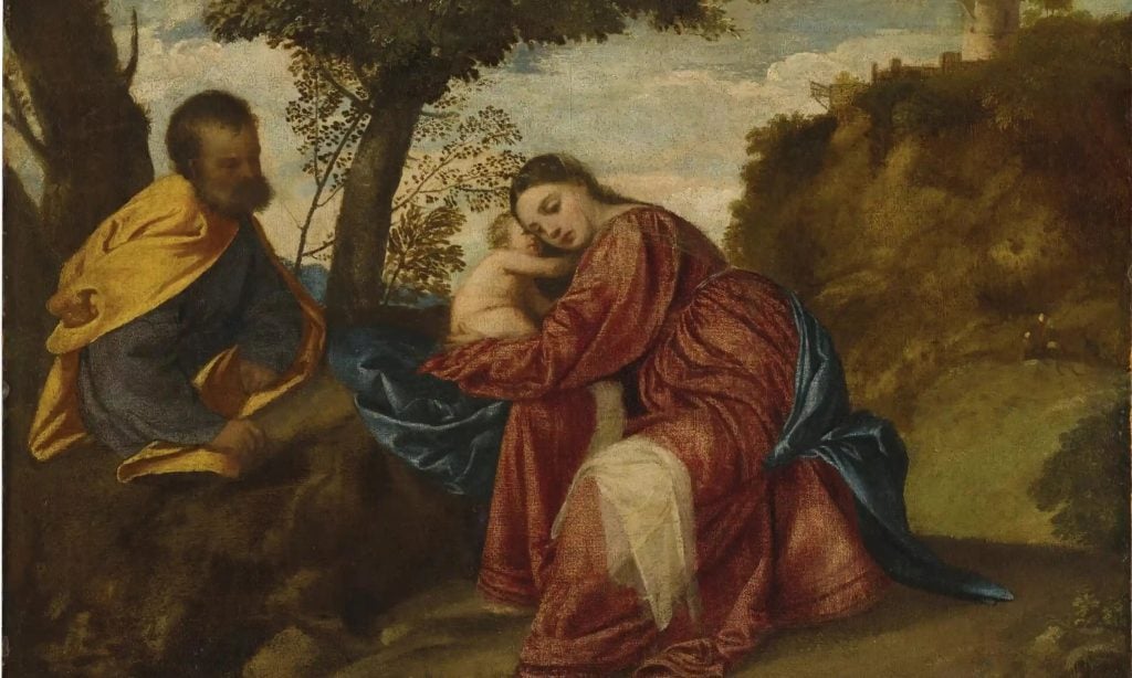 A painting of Joseph and the Virgin Mary with the Christ child in a landscape