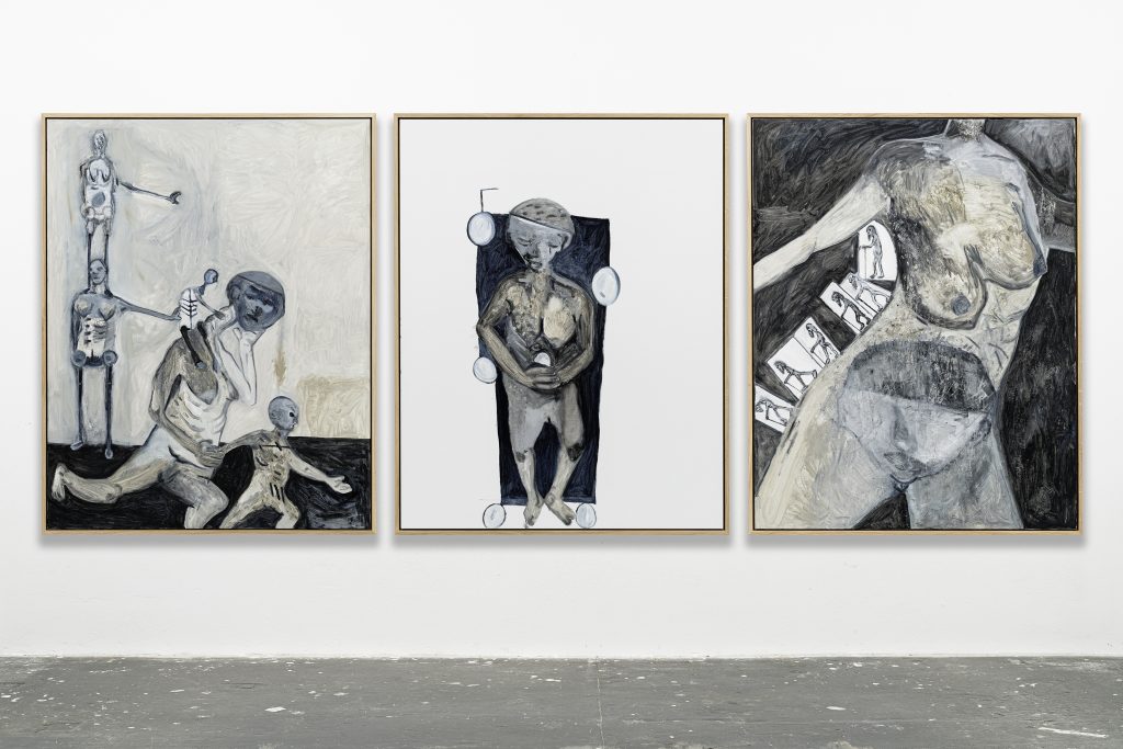A series of three paintings by Tobias Pils in oil on canvas done completely in shades of grey.