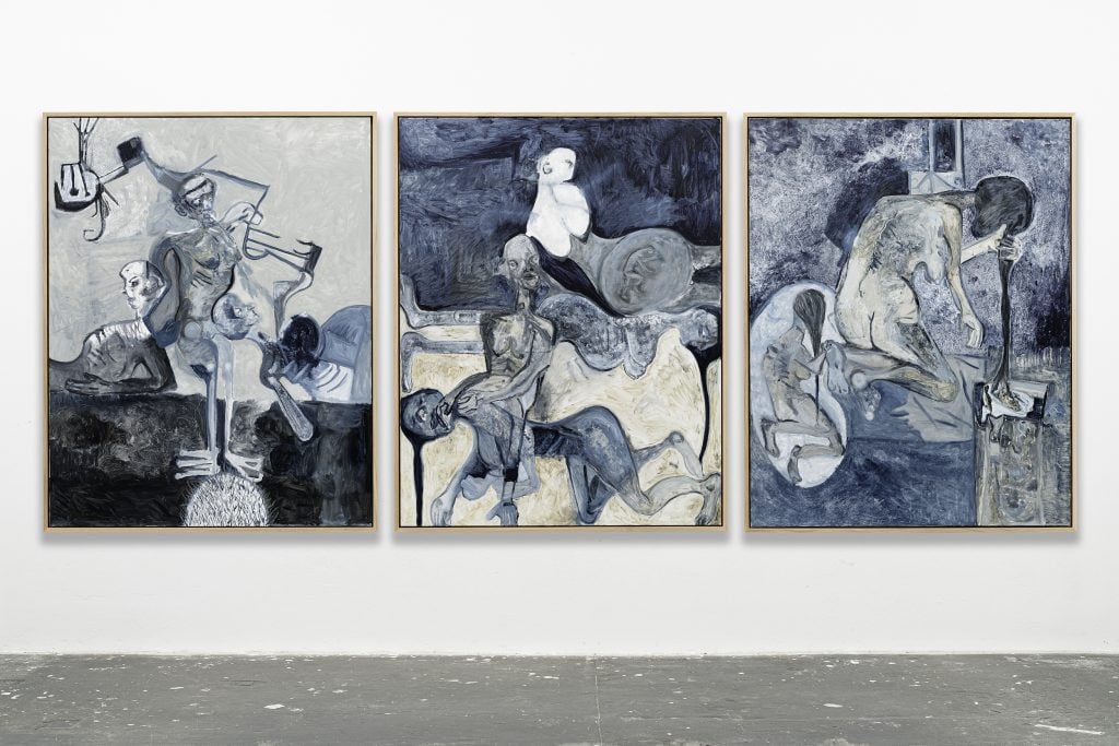 A series of three paintings by Tobias Pils in oil on canvas done completely in shades of grey.