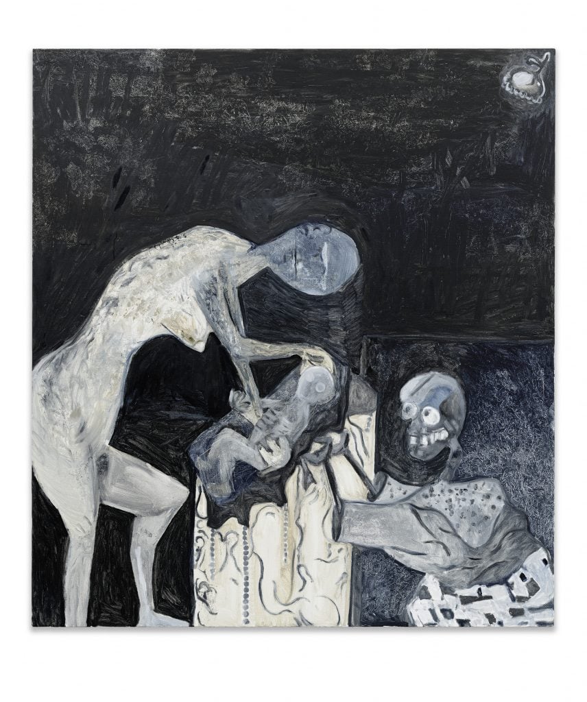 Painting by Tobias Pils in oil on canvas done completely in shades of grey, an anonymous woman figure holding a baby over a crib across from a skeleton.