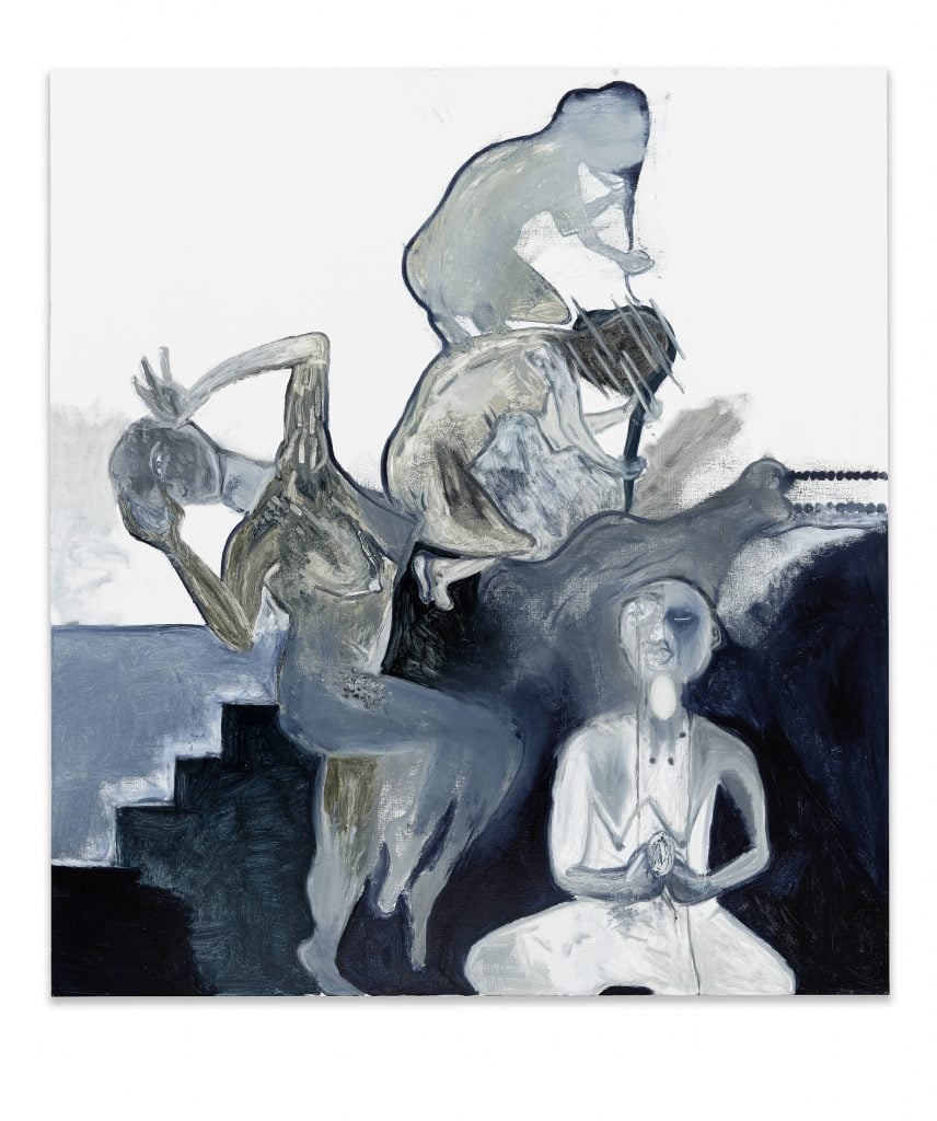 Painting by Tobias Pils in oil on canvas done completely in shades of grey, three anonymous figures arranged around the motif of a staircase.